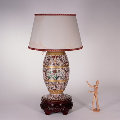 Lampe Cloisonné Bronze Bois Chine Années 1960 1970