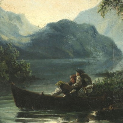 Paesaggio lacustre con barca e figure