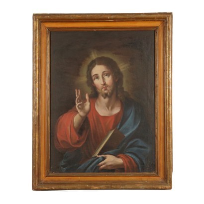 Christ Blessing Oil on Canvas Italian School 17th Century