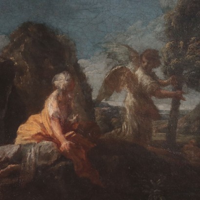 Agar and the Angel Oil on Canvas Bolognese School Italy 17th Century