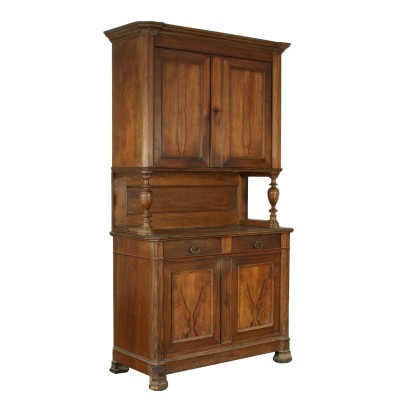 Two Bodies Cupboard Walnut Veneer Italy 19th Century