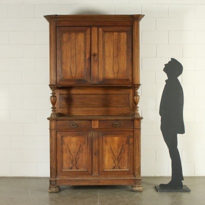 Two Bodies Cupboard Walnut Veneer Italy 19th Century