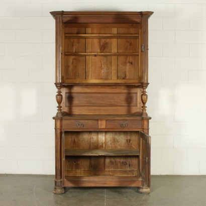 Two Bodies Cupboard Walnut Veneer Italy 19th Century