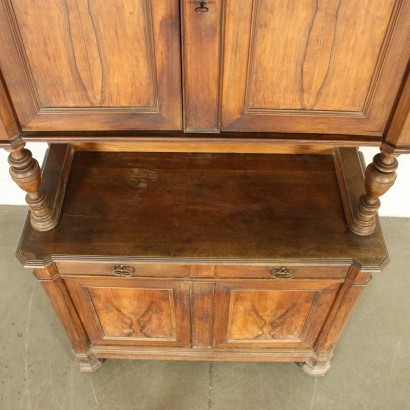 Two Bodies Cupboard Walnut Veneer Italy 19th Century