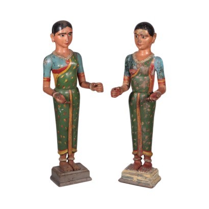 Pair of Statues of Asian Figures Exotic Wood India 20th century