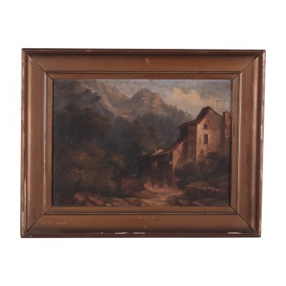 Paesaggio montano con casolare e figura