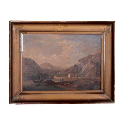 arte, arte italiano, pintura italiana del siglo XIX, paisaje fluvial con barcos y figuras