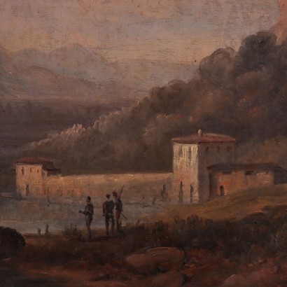 arte, arte italiano, pintura italiana del siglo XIX, paisaje fluvial con barcos y figuras