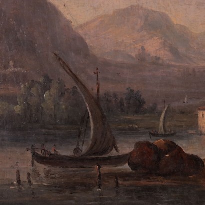 arte, arte italiana, pittura ottocento italiana,Paesaggio fluviale con barche e figure