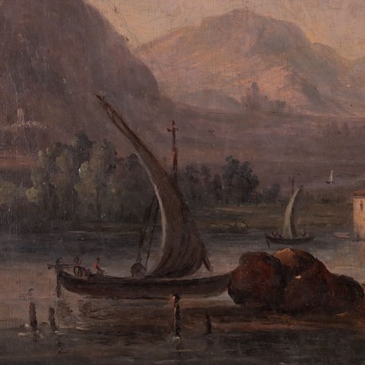 arte, arte italiano, pintura italiana del siglo XIX, paisaje fluvial con barcos y figuras