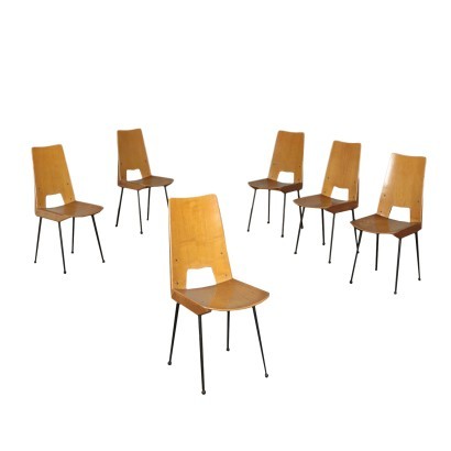Group Of Six Chairs Plywood Enamelled Metal Italy 1960s