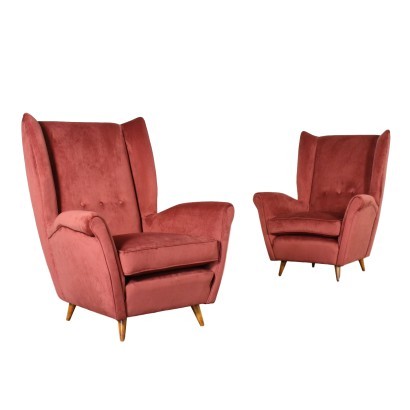 Bergere Armchairs Foam Springs Wood Velvet Italy 1950s