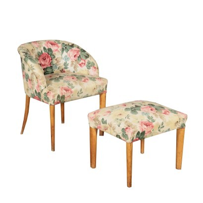 Fauteuil et Tabouret Rembourrage Tissu Hêtre Italie Années 40-50