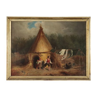 Landscape with Genre Scene Oil on Canvas 19th Century