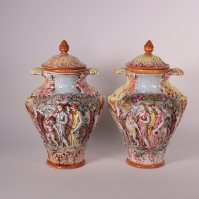 Pair of Capodimonte Vases Ceramic Naples Italy 20th Century