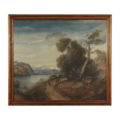 Large Landscape With Lake And Figures Oil On Canvas 19th Century