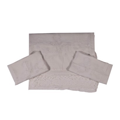 Drap avec 2 Taies D\'Oreiller Lin - Italie XIX Siècle