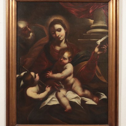 Holy Family With Young Saint John Oil On Canvas 17th Century