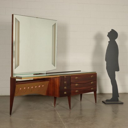 Chest Of Drawers Veneered Wood Mirror Glass Brass Italy 1950s 1960s