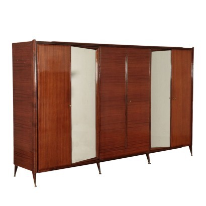 Wardrobe Veneered Wood Mirrored Glass Brass Italy 1960s