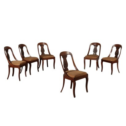 Group of 6 Restoration Gondola Chairs Walnut Padded Italy 19th Century