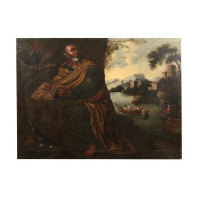 Saint Peter And The Rooster Oil On Canvas 17th 18th Century