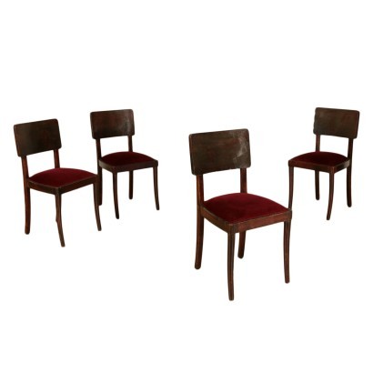 Groupe De Quatre Chaises Hêtre Teinté Mousse Velours Italie 1930 1940