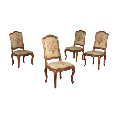 Groupe De Quatre Chaises Barocchetto Noyer Rembourrées Italie 1700