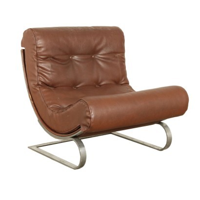 Armchair Foam Leather Chromed Metal Italy 1960s 1970s