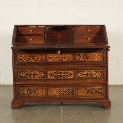 Revival Inlaid Drop-Leaf Secretaire Walnut Marple Italy 20th Century