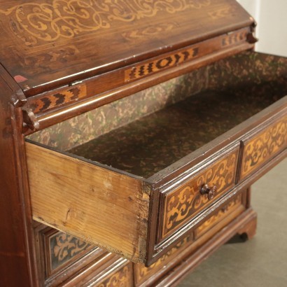 Revival Inlaid Drop-Leaf Secretaire Walnut Marple Italy 20th Century