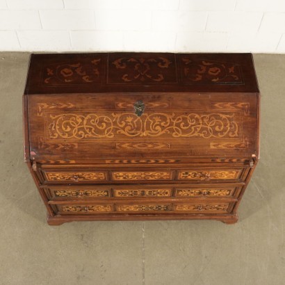 Revival Inlaid Drop-Leaf Secretaire Walnut Marple Italy 20th Century