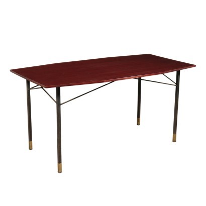 Table Placage d'Acajou Laiton Métal Italie Années 1960