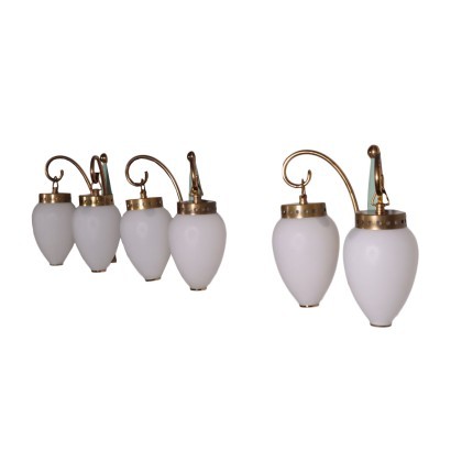 Group Of Three Sconces Brass Opaline Glass Italy 1950s