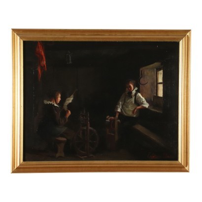 Interior Scene with Spinners Oil on Canvas 20th Century