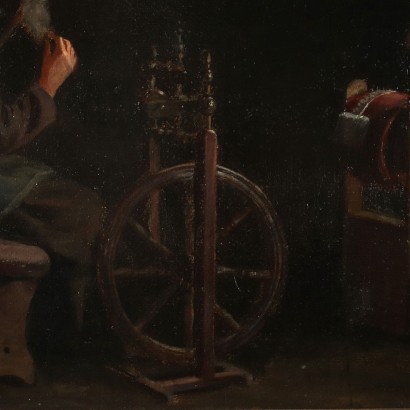 Interior Scene with Spinners Oil on Canvas 20th Century