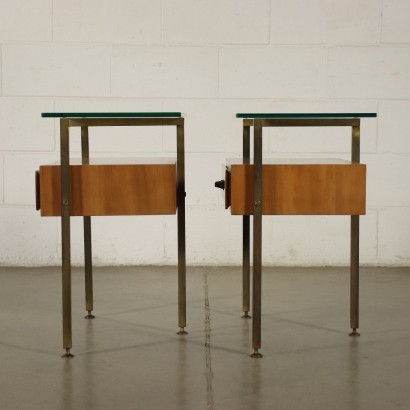 Pair Of Bedside Tables Mahogany Veneer Brass Glass Italy 1960s