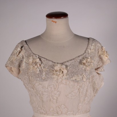 Vintage Long Cream Forma Dress Silk Lace 1960s-1970s