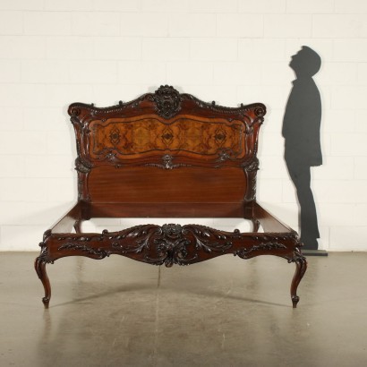 Barocchetto Revival Queen Bed Mahogany Walnut Italy 20th Century