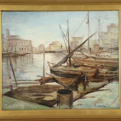 Glimpse with Boats Oil on Canvas 20th Century