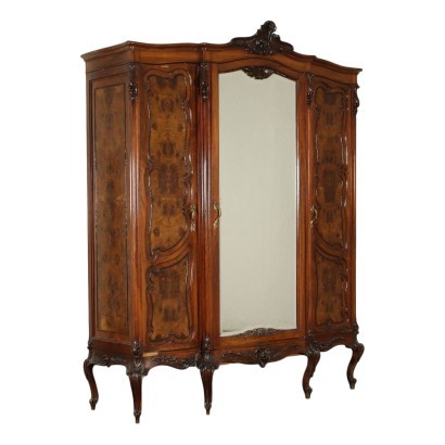 Barocchetto Revival Wardrobe Mahogany Walnut Mirror Italy 20th Century