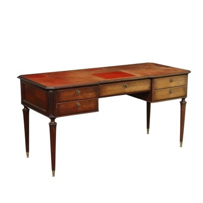 Neo-Classical Revival Open Desk Walnut Veneer Brass Italy 20th Century