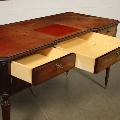 Neo-Classical Revival Open Desk Walnut Veneer Brass Italy 20th Century