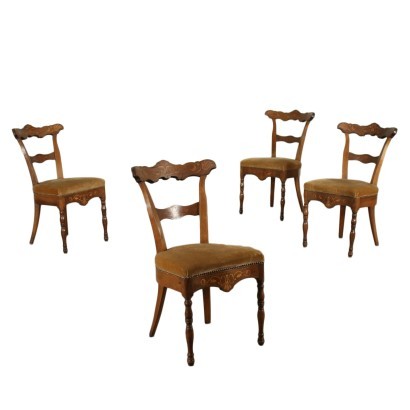 Group of 4 Charles X Chairs Wlanut Marple Padded Italy 19th Century