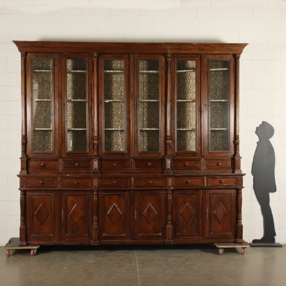 Big Neo-Renaissance Bookcase Silver Fir Glass Italy 20th Century