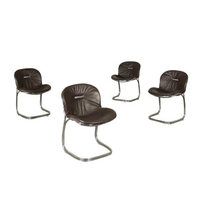 Gastone Rinaldi Group Of Four Chairs Chromed Metal Padded Leather 1970