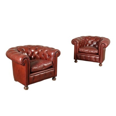 Couple De Fauteuils Style Chesterfield Cuir Angleterre 20ième Siècle