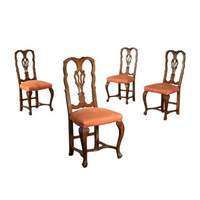 Group of 4 Revival Chairs Walnut Padded Italy 20th Century