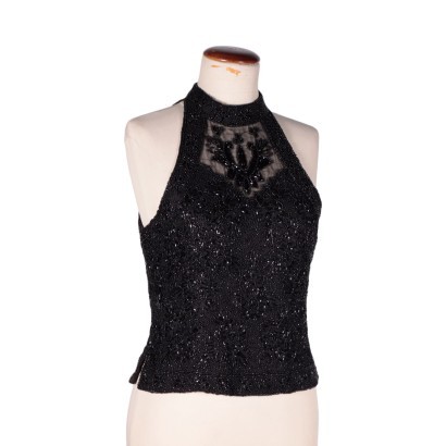 Vintage Black Top With Embroideries Italy 1960s