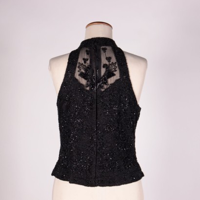 Vintage Black Top With Embroideries Italy 1960s